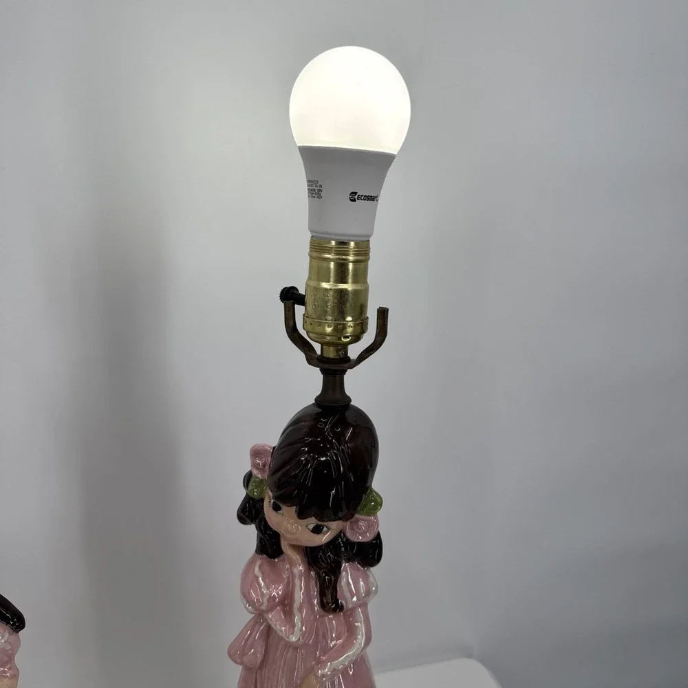 Vintage Pair Of Ceramic Handmade‎ Holly Hobby Style Lamps 1974 Pink Prairie